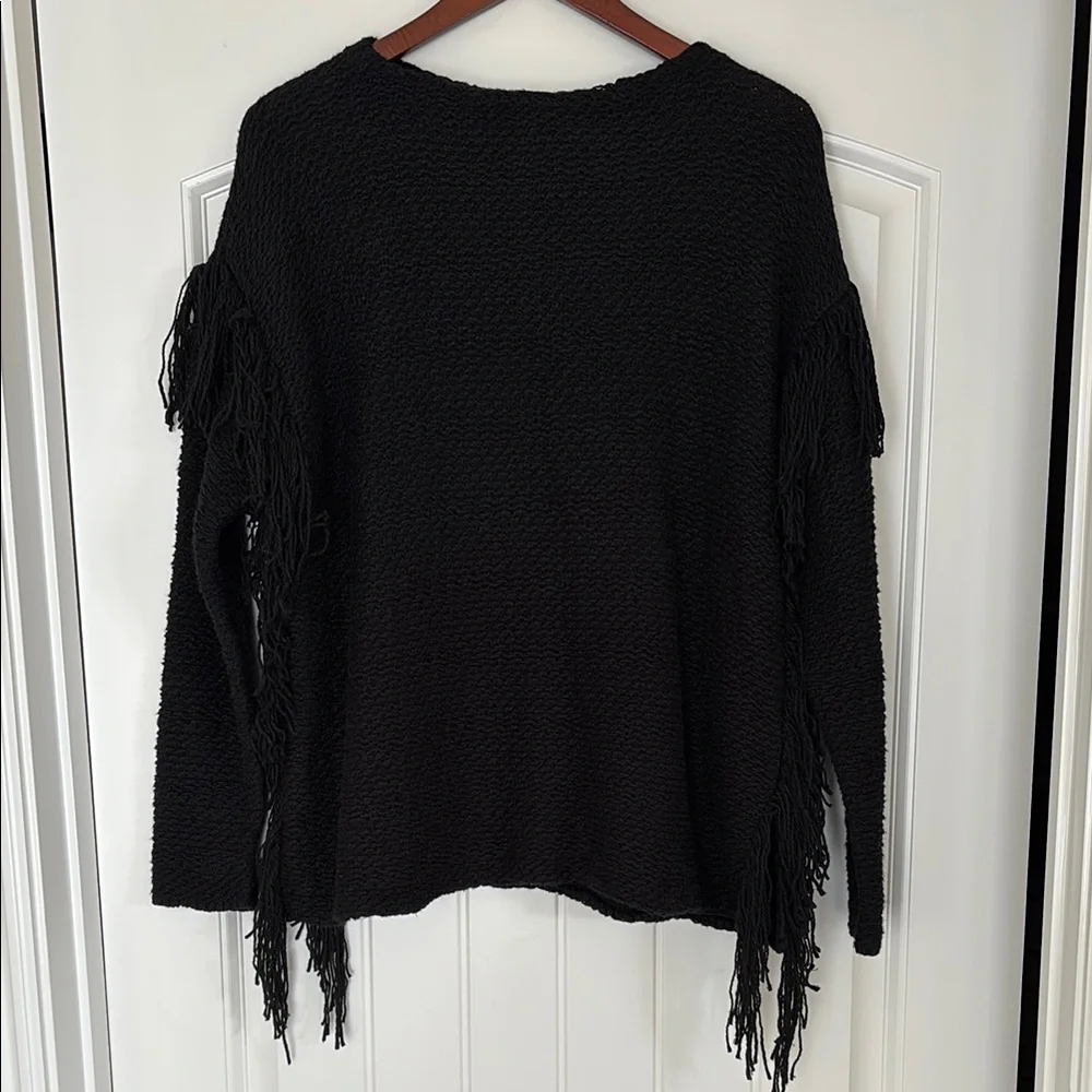 Ralph Lauren Black Chunky Knit Cotton Western Fringe Sweater Concert Women M
